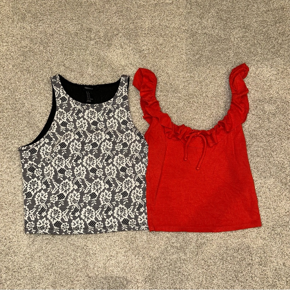 2 for 1! Forever 21 Black and White Floral Knit Top & Red Flounce Knit Top
